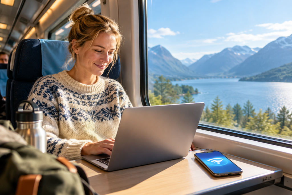 Mobil hotspot – resenär delar mobilens internet med en bärbar dator 2026