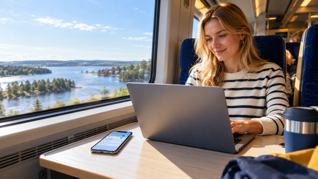 Mobile hotspot iPhone: resenär delar internet till en bärbar dator