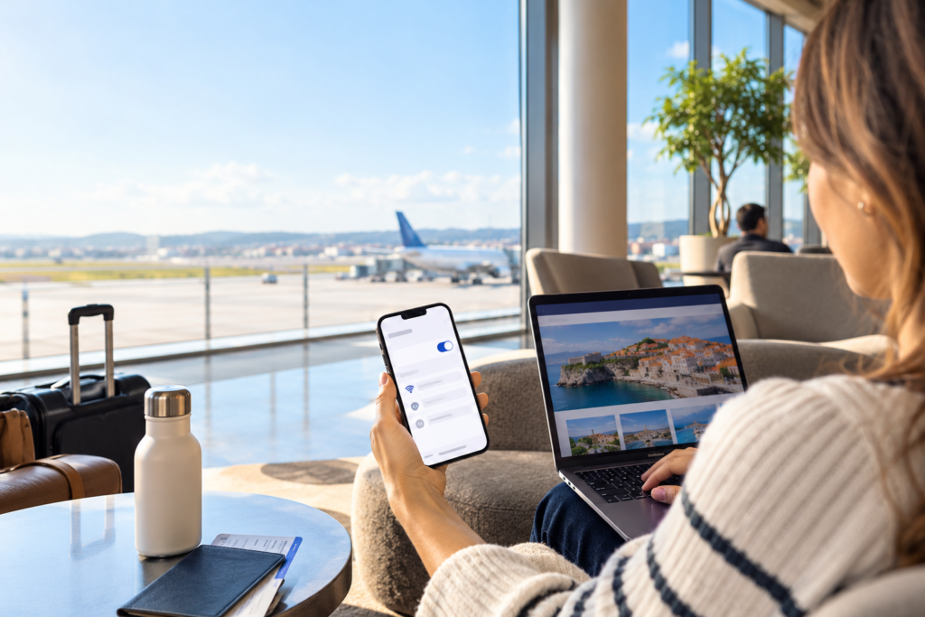 Mobile hotspot on iPhone connecting a laptop while travelling