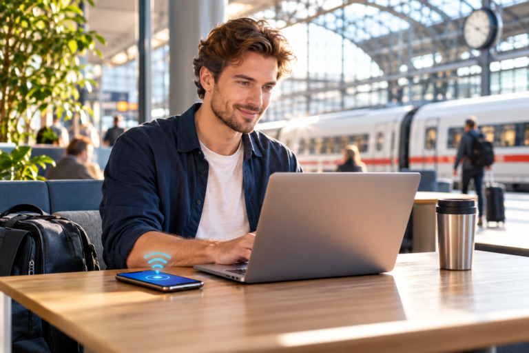 Mobiler WLAN Hotspot: Reisender verbindet seinen Laptop über das Smartphone mit dem Internet