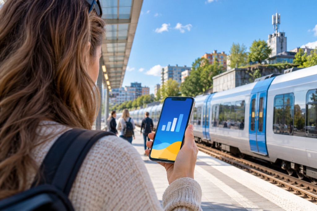 Mobilnät i Sverige – resenär kontrollerar uppkopplingen på sin mobil