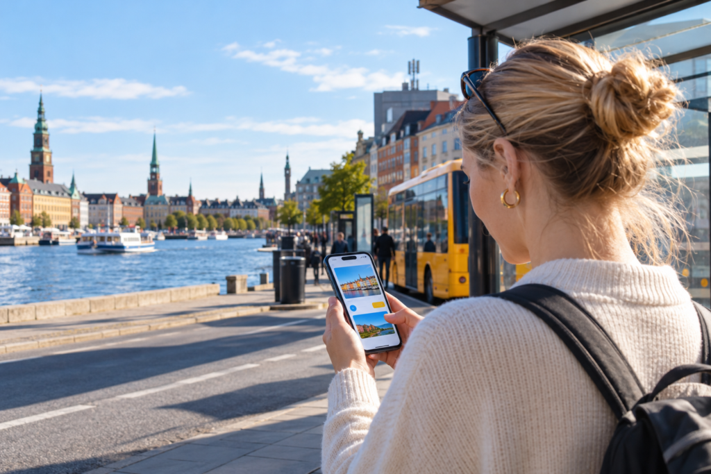 Mobilnetværk i Danmark: pendler bruger sin smartphone ved Københavns havn