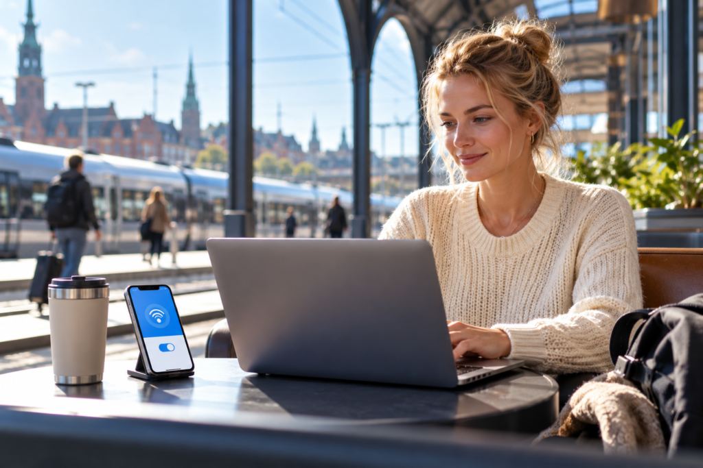 Mobilt hotspot på rejse: person arbejder på laptop via telefonens internetdeling