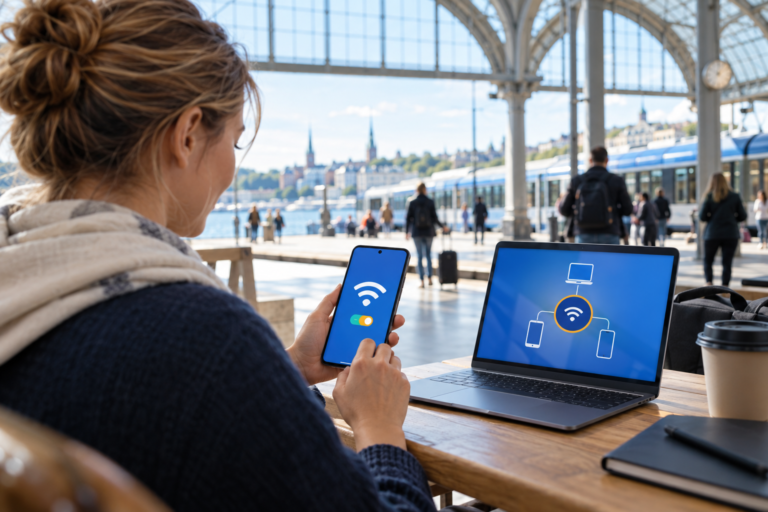 Mobilt hotspot på Samsung deler internett med en bærbar PC på reisen