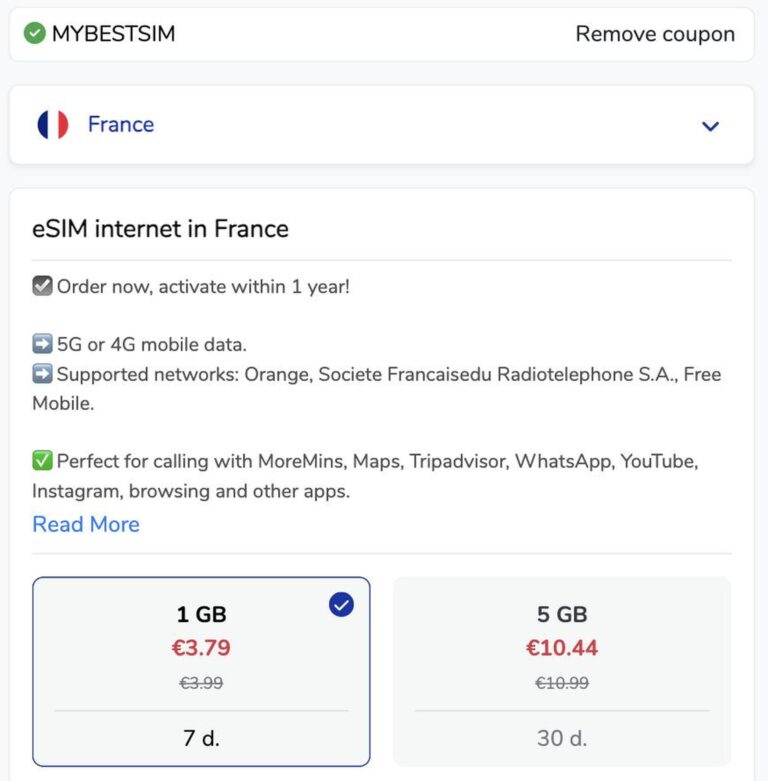 Ordresammendrag fra MoreMins med rabattkoden MYBESTSIM brukt og -5% rabatt
