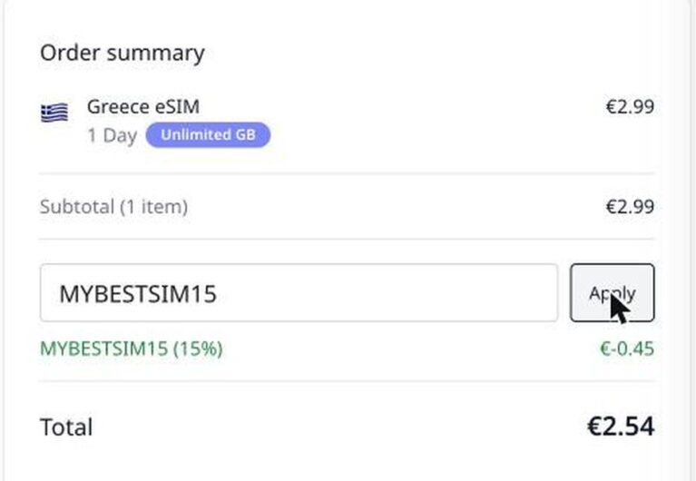 Ordresammendrag fra MyEsimGlobal med rabattkoden MYBESTSIM15 brukt og -15% rabatt