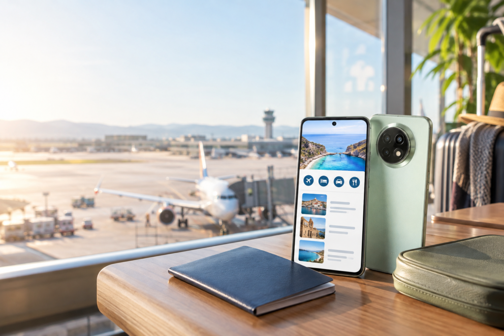 OPPO Reno 14F 5G cu eSIM, prezentat într-un decor modern de călătorie