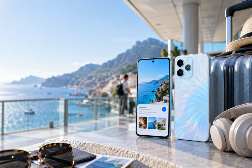OPPO Reno14 F 5G em azul opala num cenário de viagem
