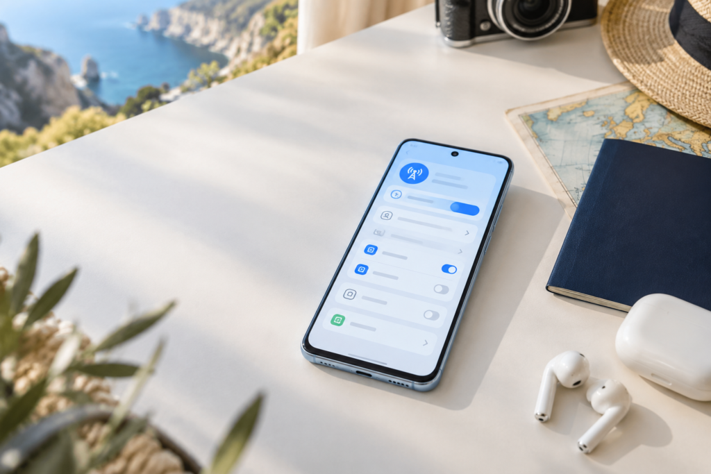 OPPO Reno14 F 5G mit eSIM auf einem modernen Reiseschreibtisch