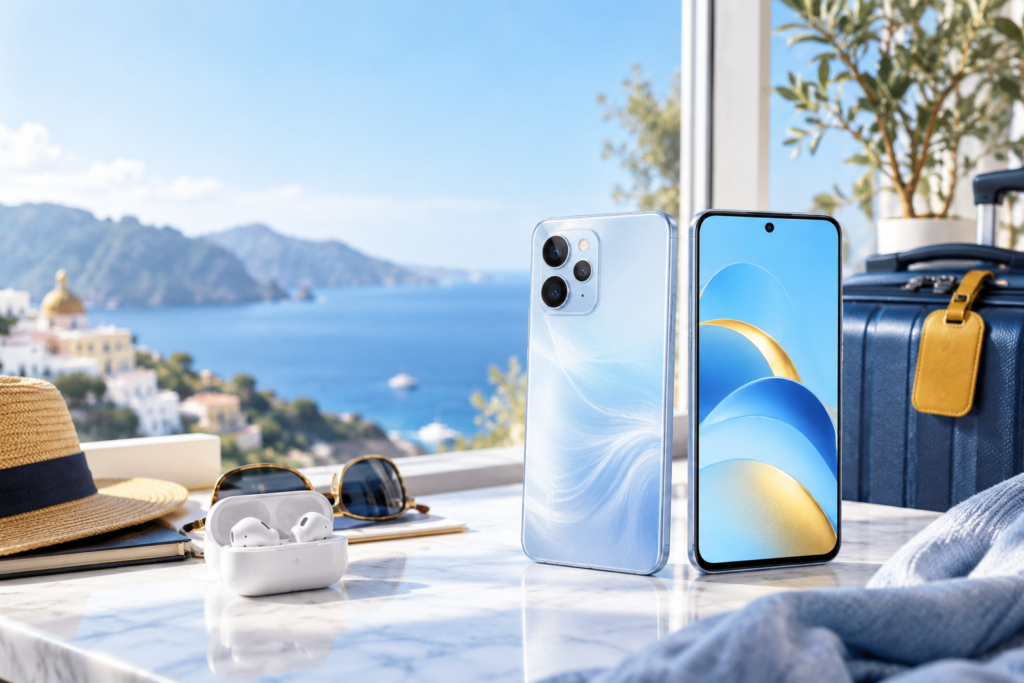 OPPO Reno14 F 5G okostelefon opálkék kivitelben, bekapcsolt kijelzővel