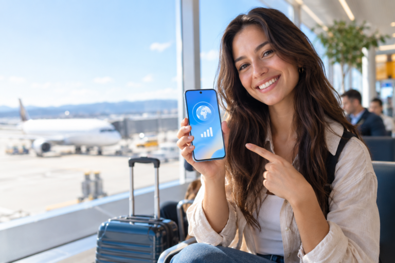 OPPO Reno14 F 5G smartphone used by a traveler with mobile data