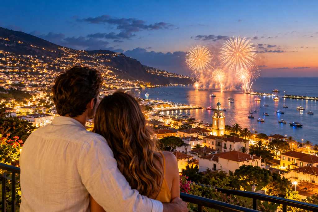 Oud en nieuw vakantie op Madeira met uitzicht op de feestelijk verlichte baai van Funchal