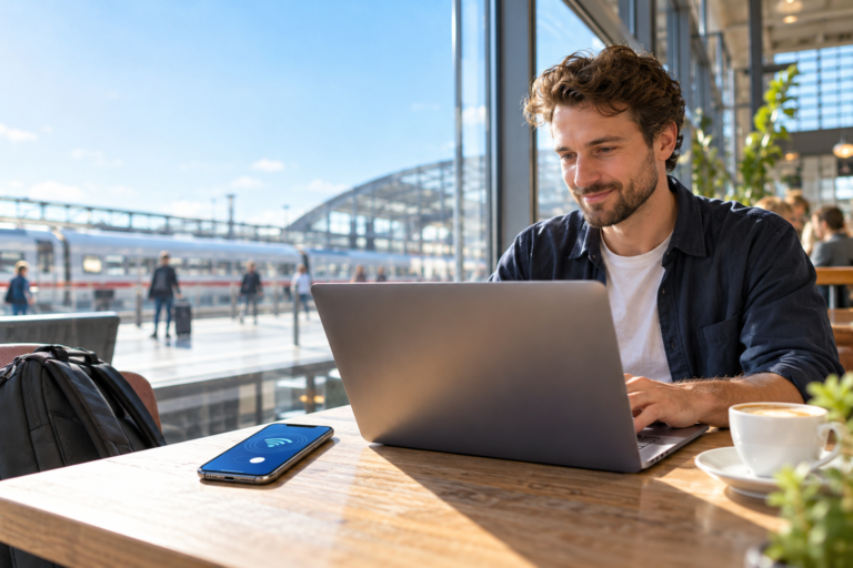Persönlicher Hotspot am iPhone: Reisender verbindet seinen Laptop unterwegs