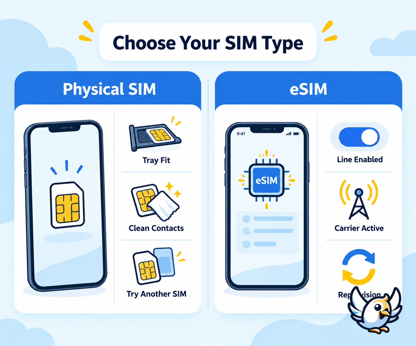 Physical SIM versus eSIM checks when a SIM card is not detected