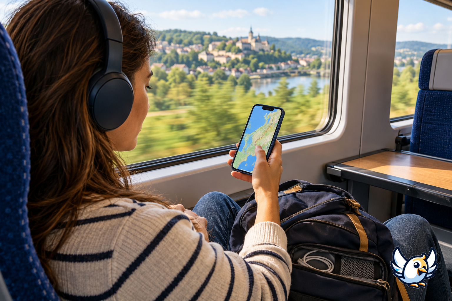 Praktische Reise Gadgets im Zug: Kopfhörer und Smartphone griffbereit nutzen