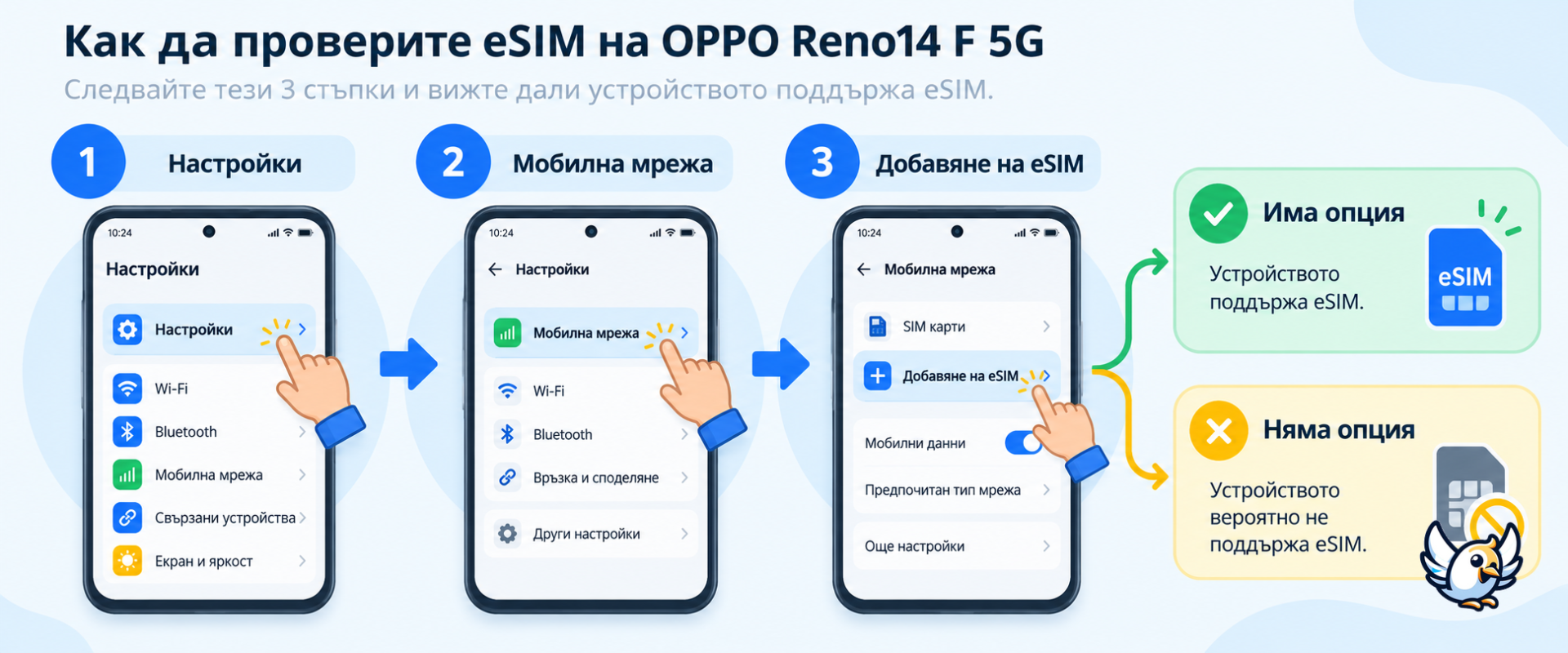 Проверка за eSIM на OPPO Reno 14F 5G в настройките