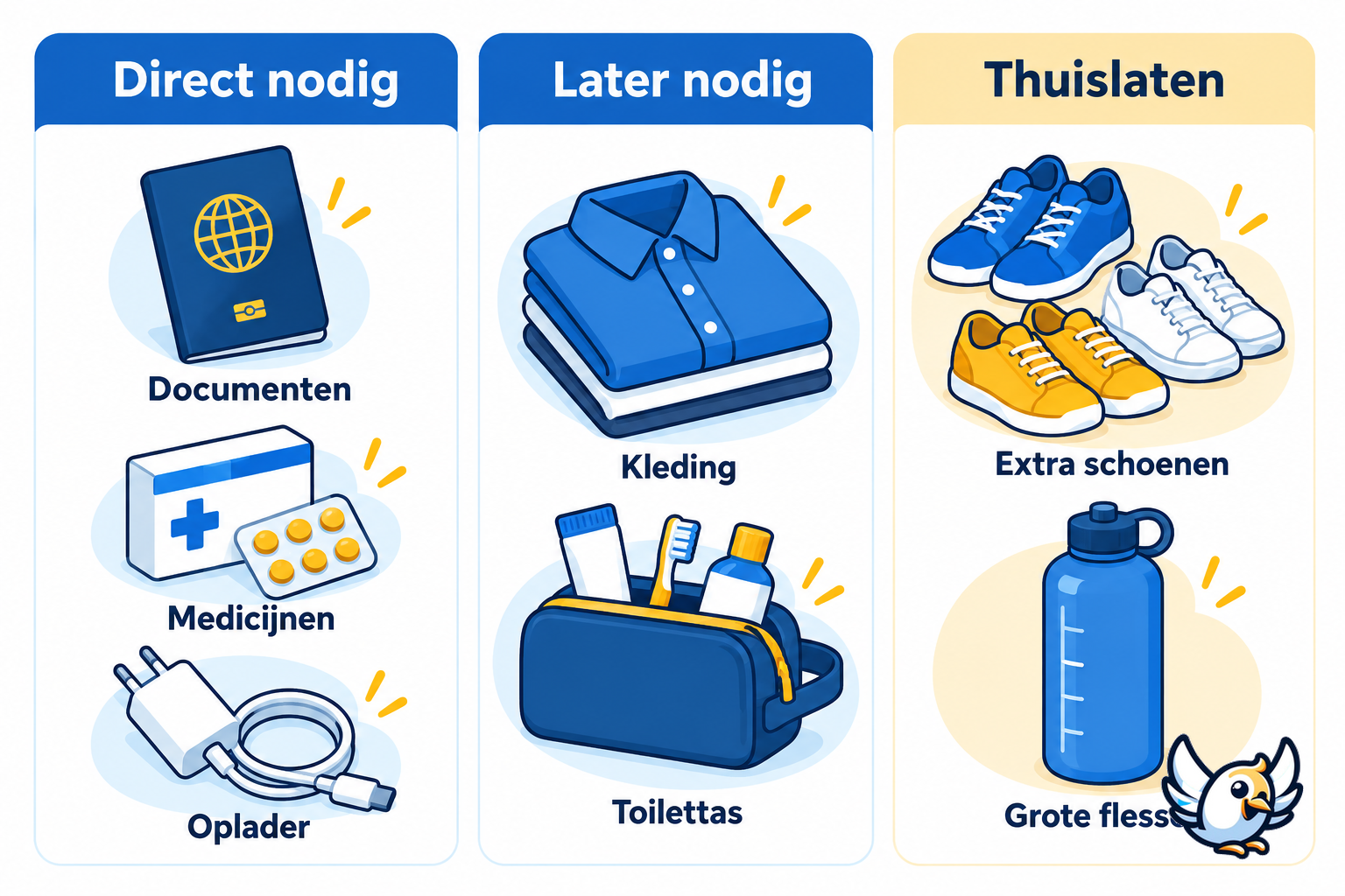Reisbenodigdheden sorteren: direct nodig, later nodig of thuislaten