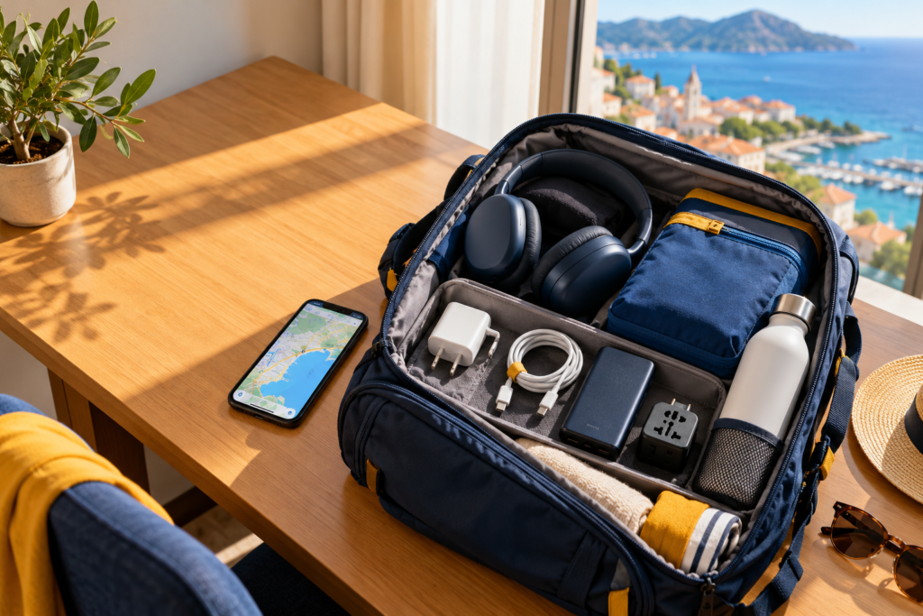 Reise Gadgets für leichtes Gepäck: Ladegerät, Powerbank und Kopfhörer im Rucksack