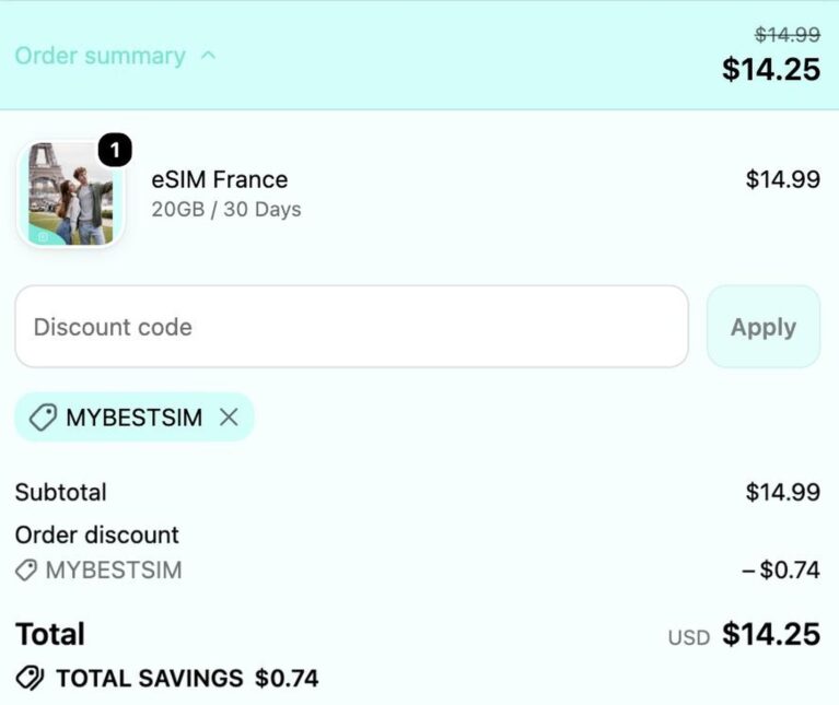 Ordresammendrag fra Roambit med rabattkoden MYBESTSIM brukt og -5% rabatt
