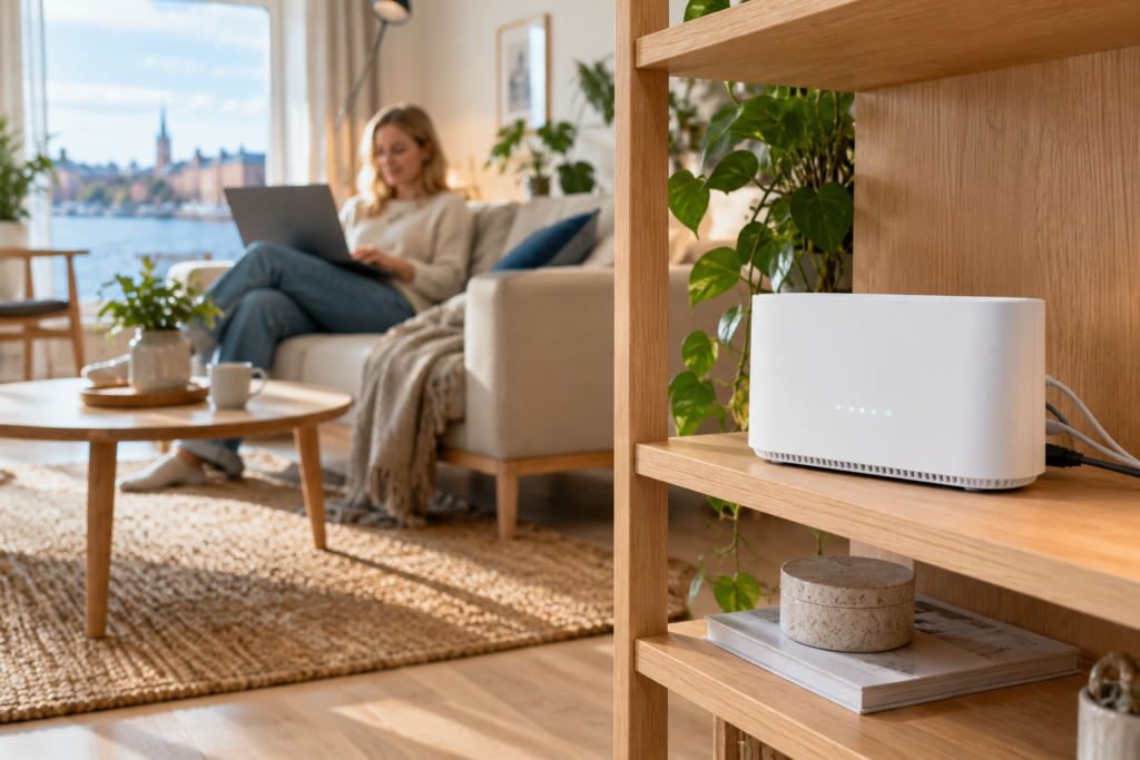 Router till fiber placerad öppet i ett ljust svenskt vardagsrum