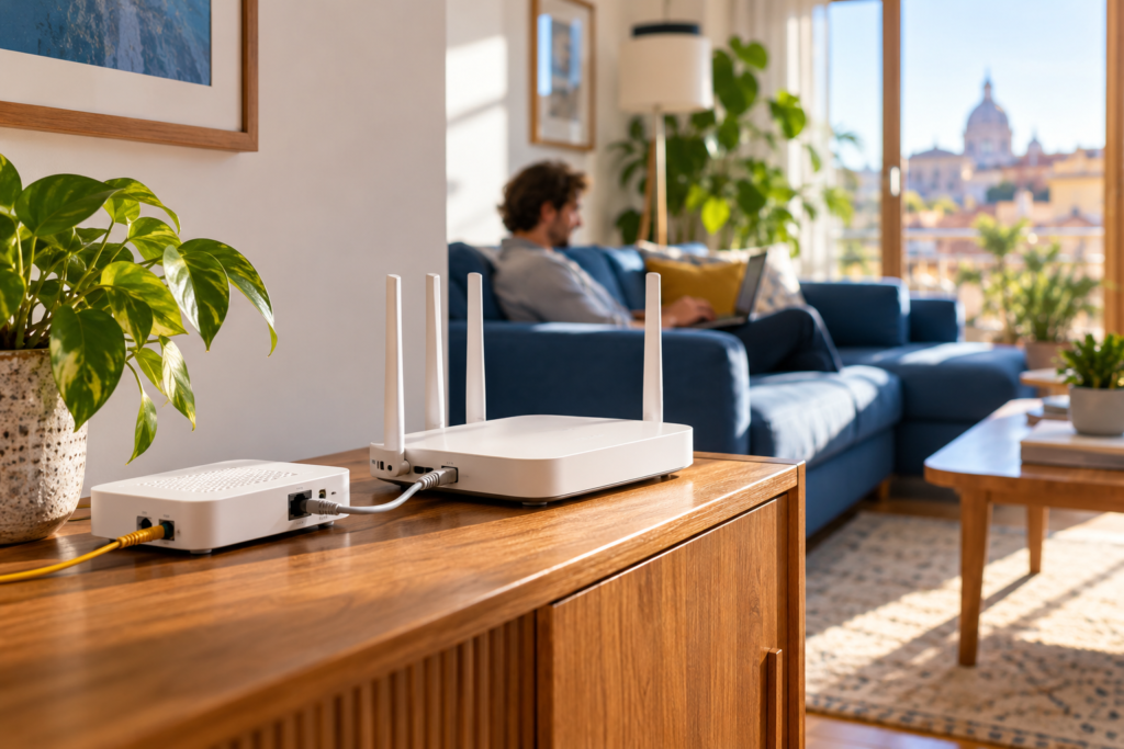 Router WiFi per fibra ottica con ONT esterno in un soggiorno domestico