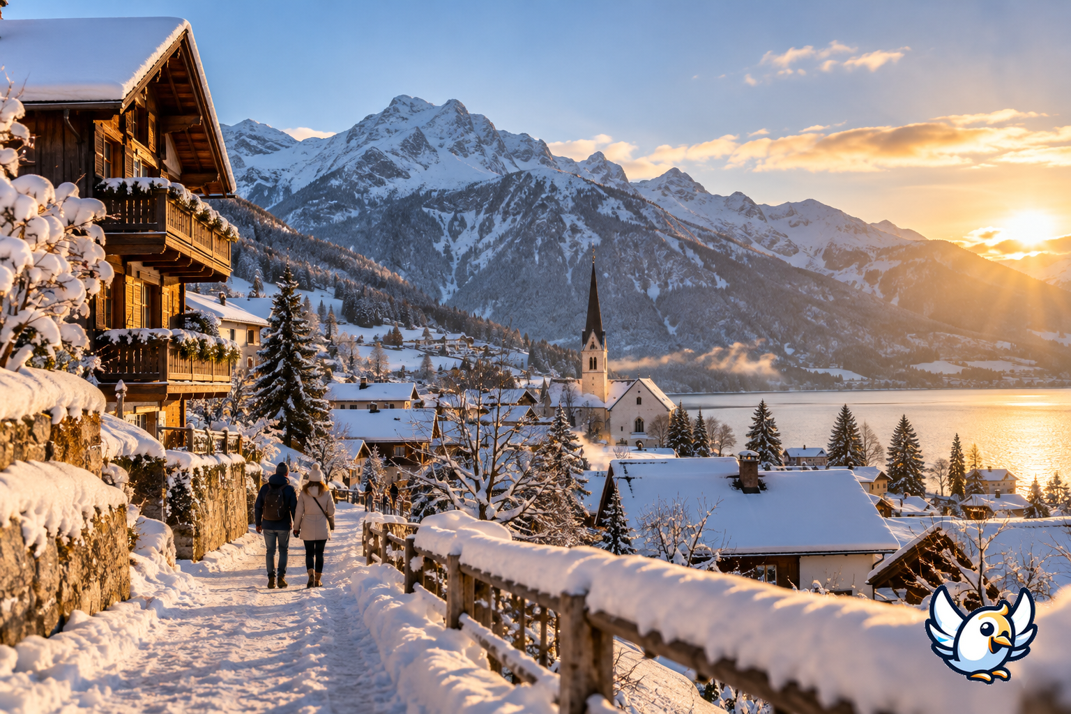 Ruhiger Silvester Urlaub in den Alpen mit Winterspaziergang und verschneitem Bergdorf