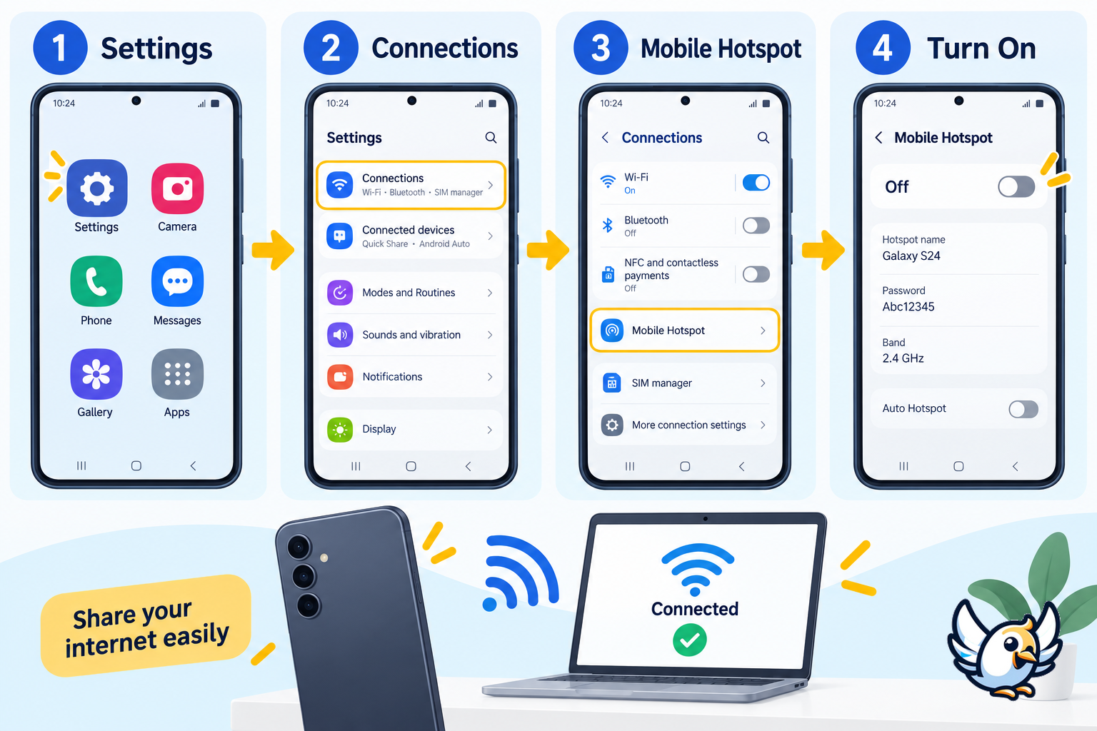 Samsung mobile hotspot setup steps on a Galaxy phone
