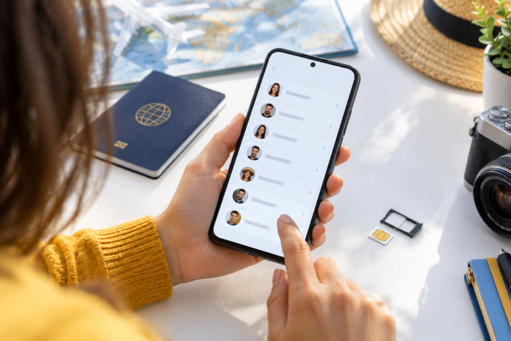 Save contacts to SIM card: Android phone, SIM tray and contact list ready for transfer