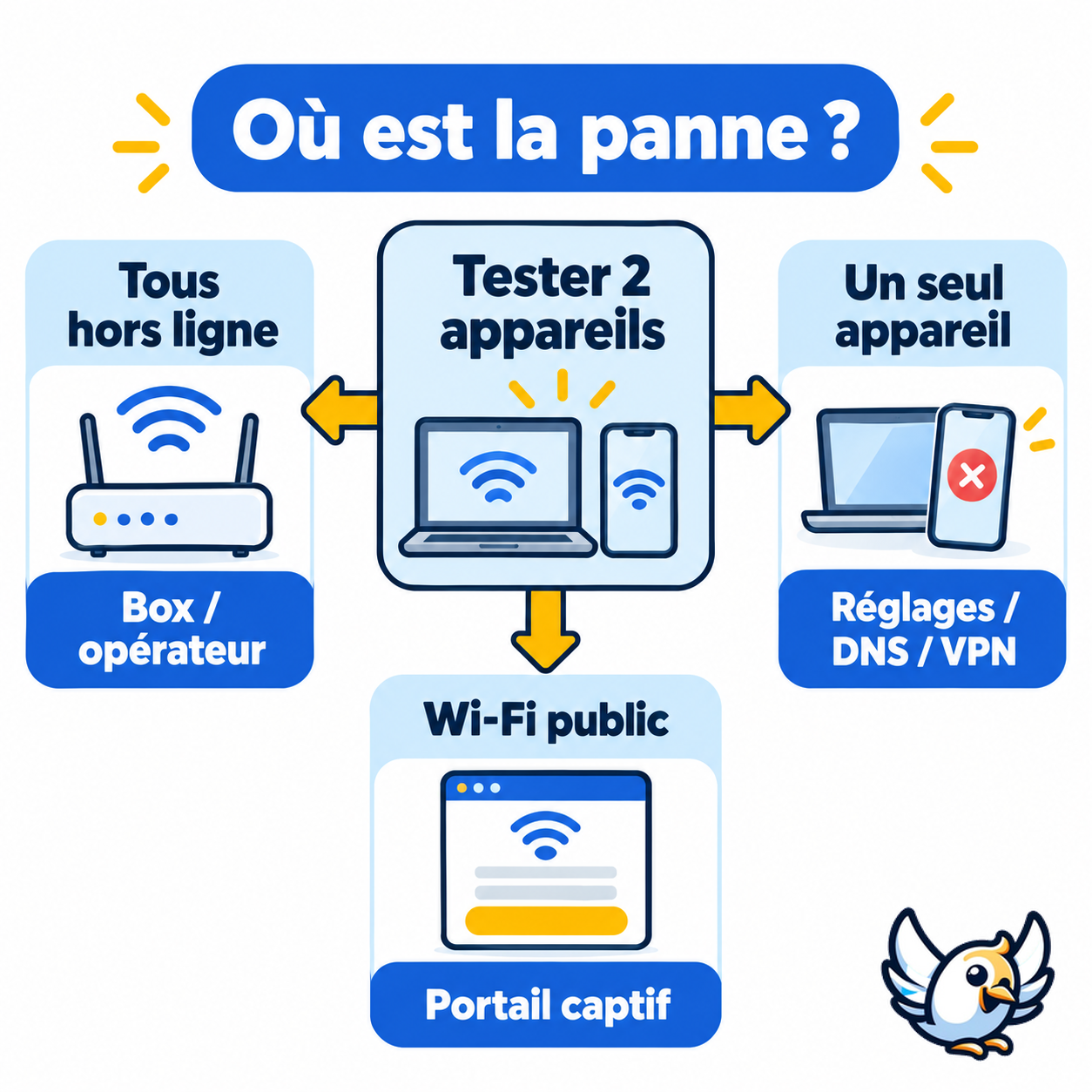 Schéma de diagnostic WiFi connecté sans Internet selon les appareils touchés