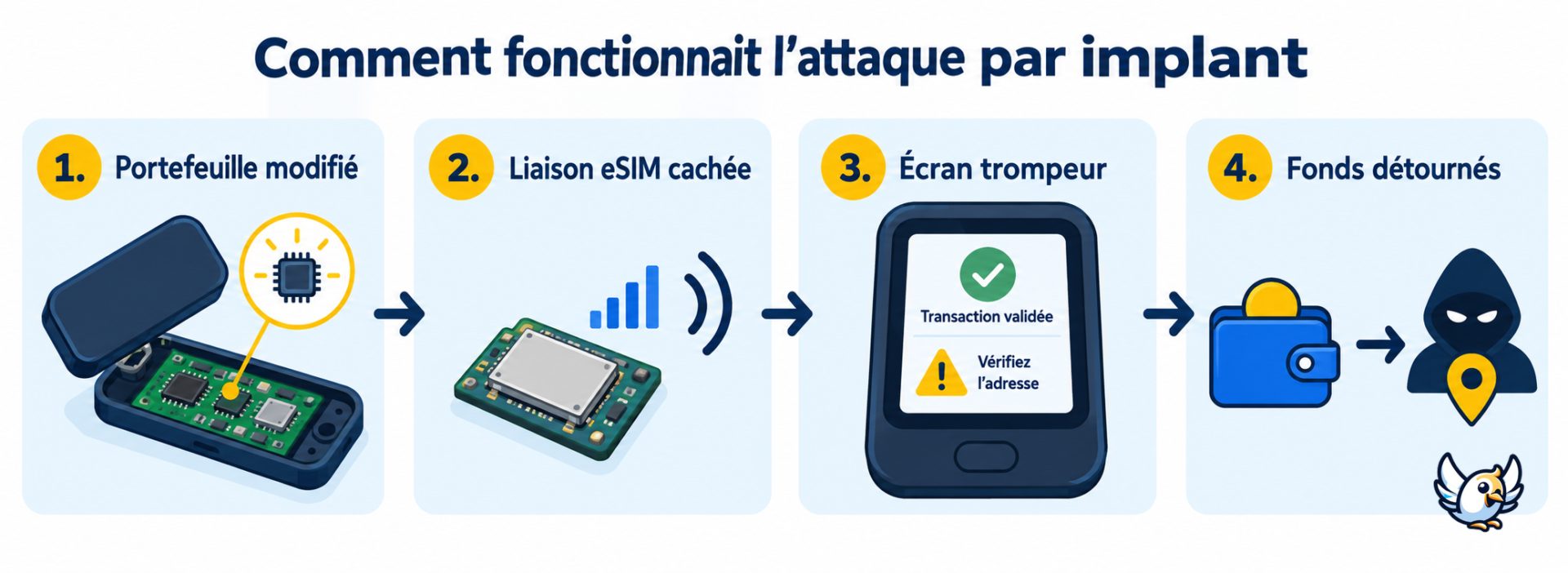 Schéma de l’attaque Ledger par implant eSIM détournant une phrase de récupération