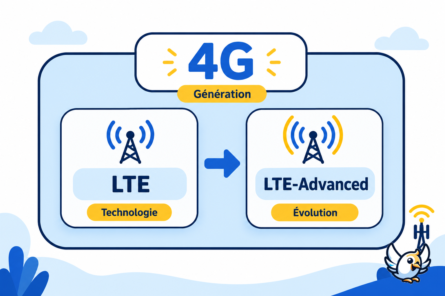 Schéma LTE vs 4G : différence entre génération, technologie et LTE-Advanced