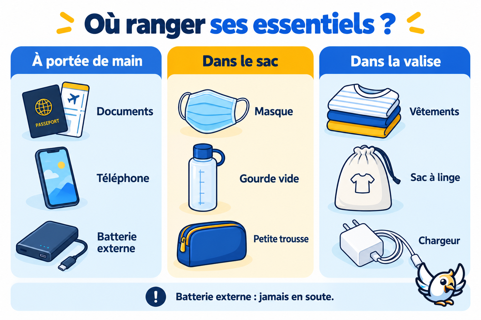 Schéma en français pour répartir documents, téléphone et accessoires entre poche accessible, sac et valise