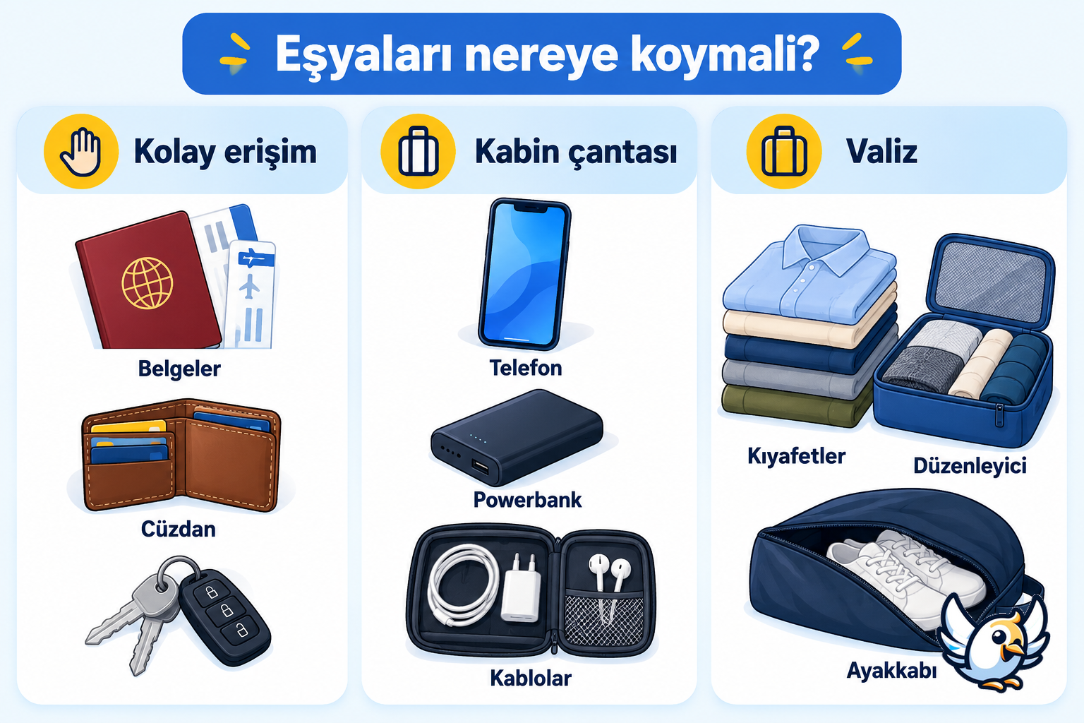 Seyahat ürünleri yerleşimi: belgeler, kabin çantası ve valiz için düzen şeması