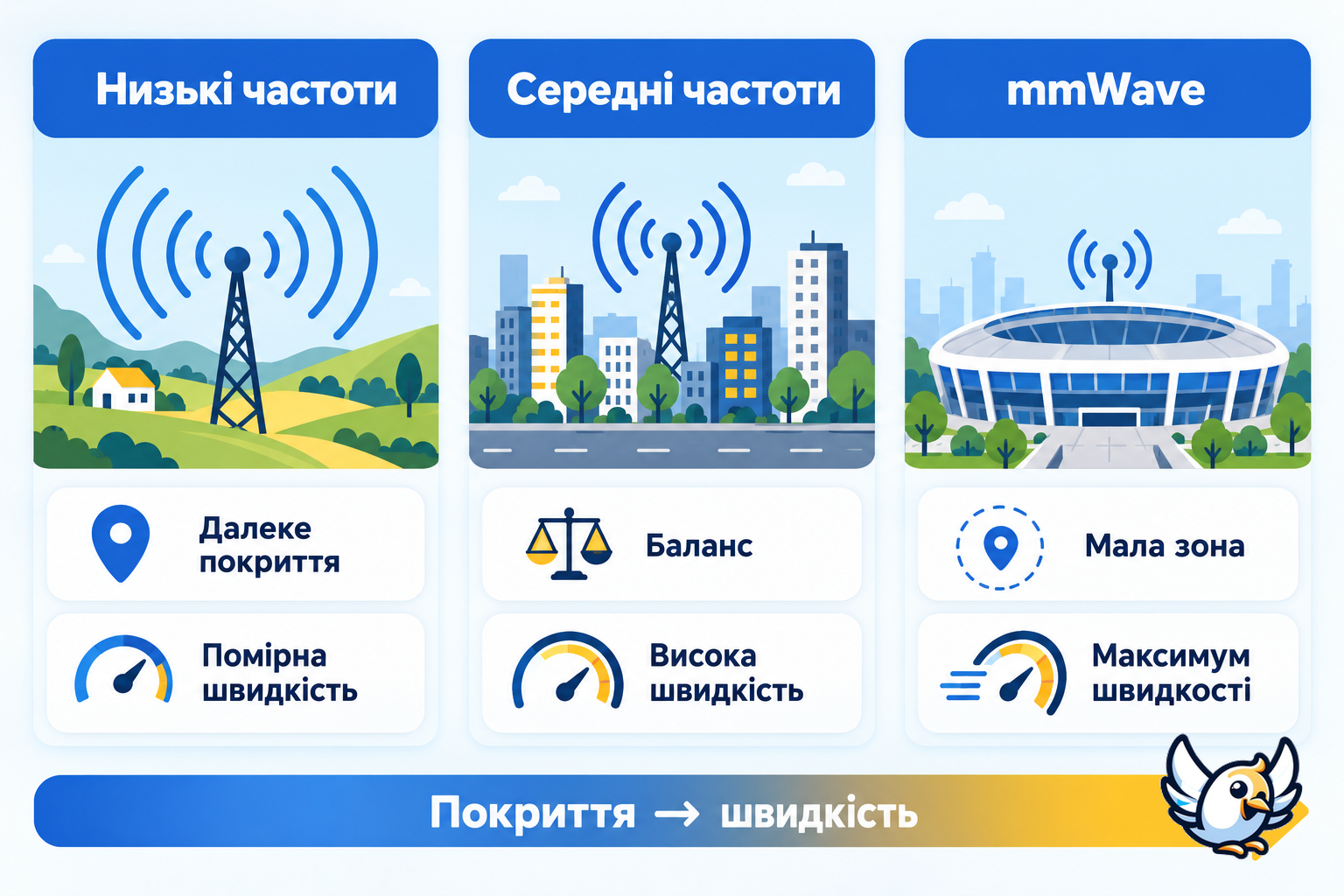 Швидкість 5G у низькому, середньому та міліметровому діапазонах