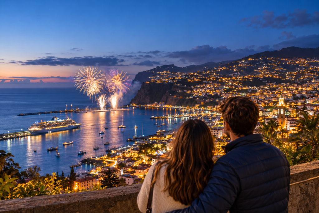 Silvester Urlaub auf Madeira: Paar mit Blick auf Funchals Bucht und Feuerwerk