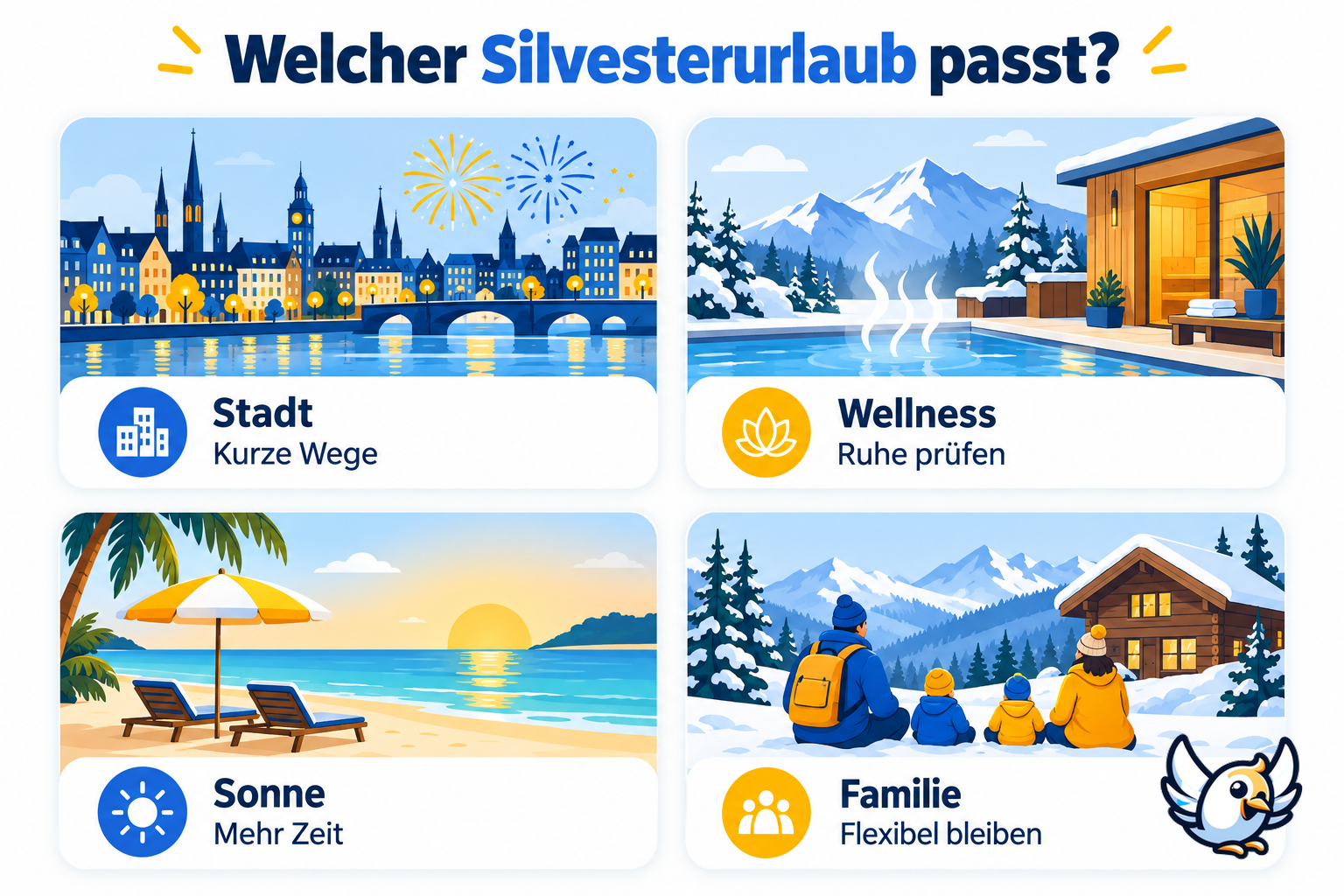 Silvester Urlaub planen: Entscheidungshilfe für Stadt, Wellness, Sonne und Familie