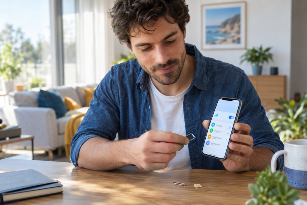SIM-Karte wird nicht erkannt: Nutzer prüft Smartphone und Nano-SIM