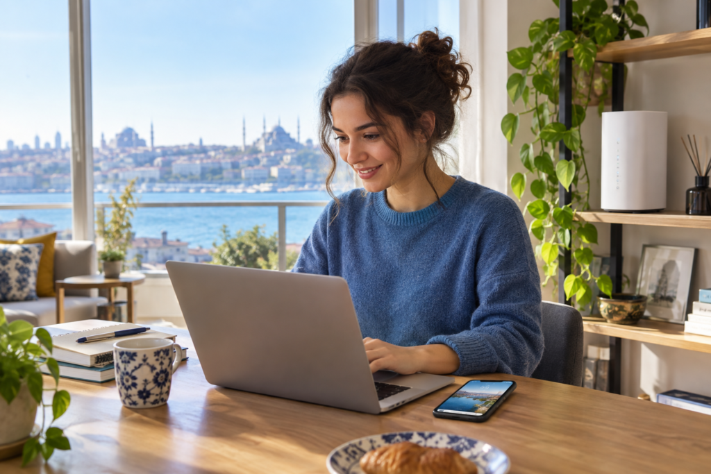 SIM kartlı 5G modem ile evde hızlı internet kullanan kişi
