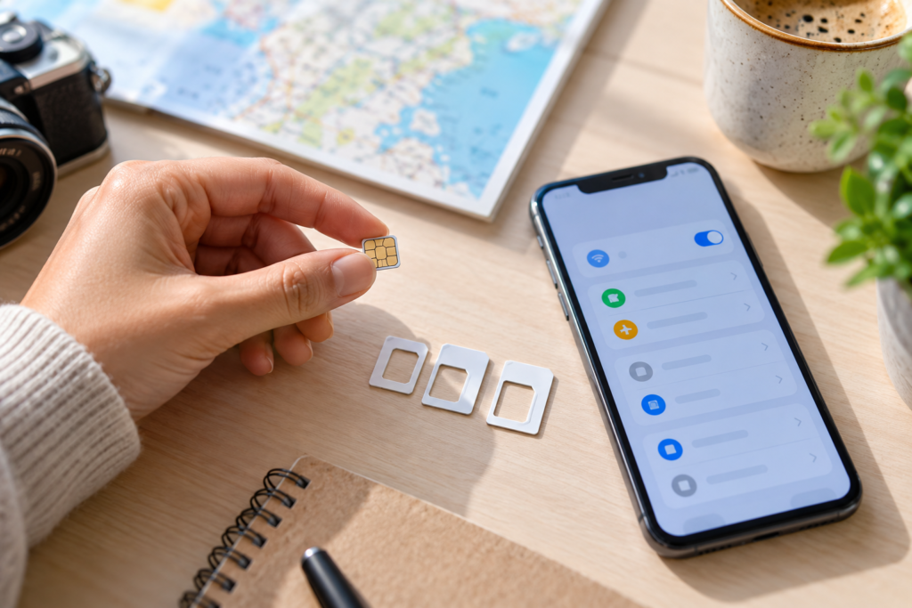 SIM-kortadapter med nano-SIM ved en moderne mobiltelefon