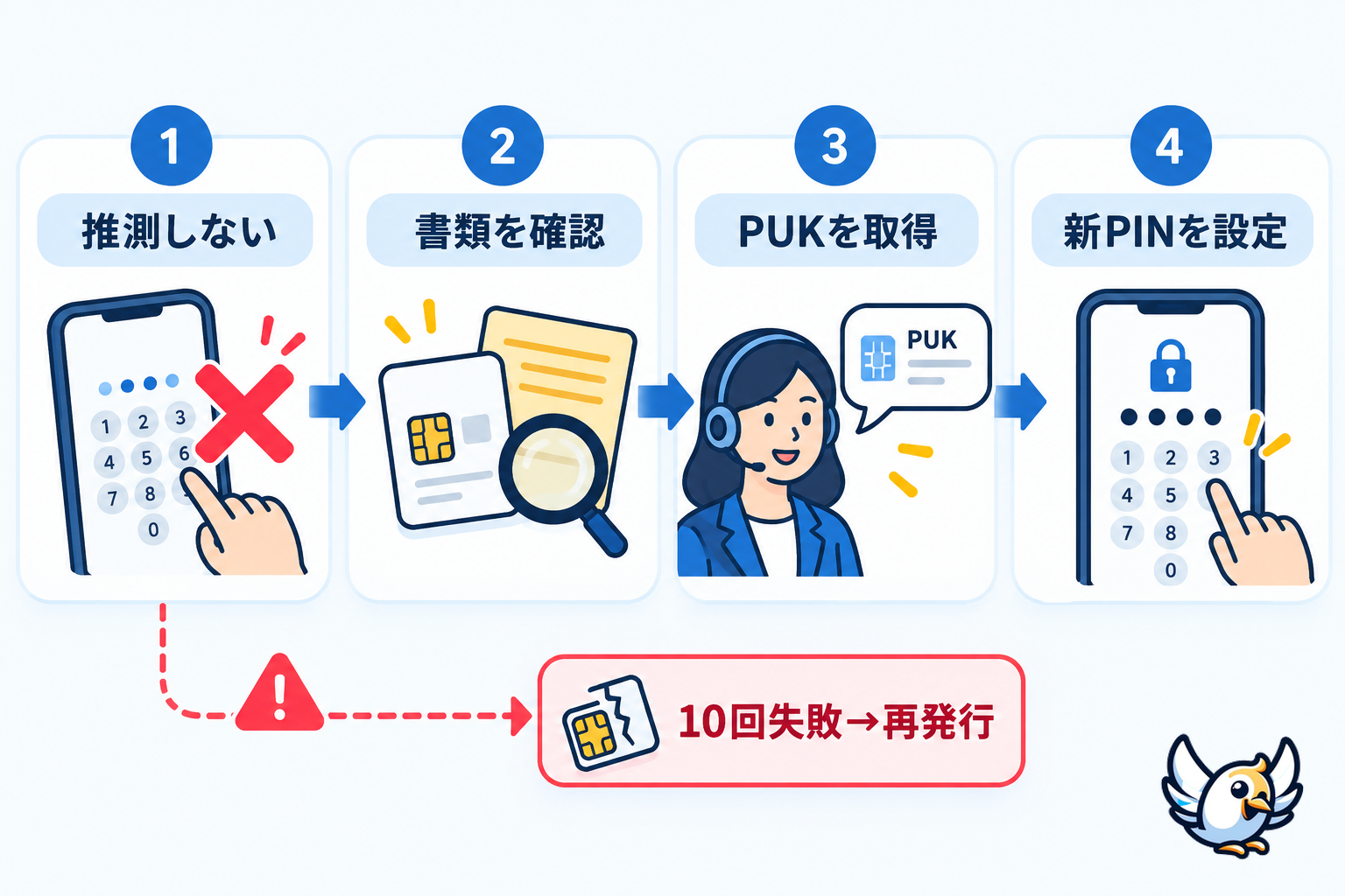 SIM PINを忘れたときのPUK解除手順を示す4ステップ図