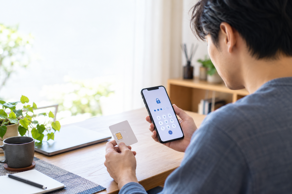SIM PINを忘れたときにスマートフォンとSIMカード台紙を確認する様子
