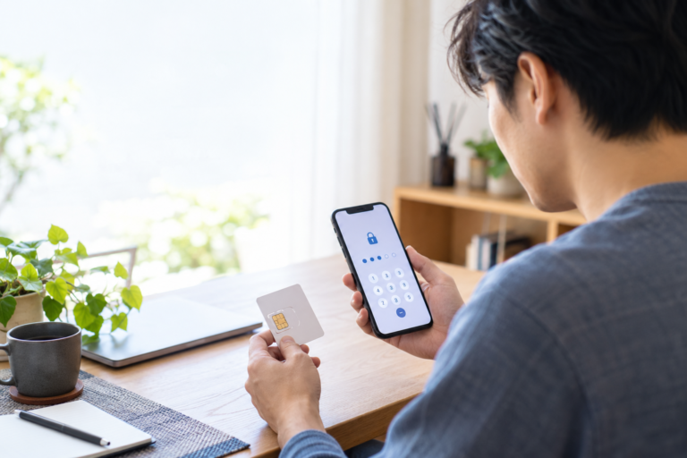 SIM PINを忘れたときにスマートフォンとSIMカード台紙を確認する様子