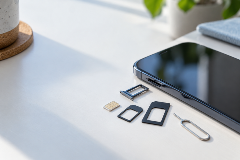 Simkaart adapter met nano-sim, micro-sim en telefoon op een bureau