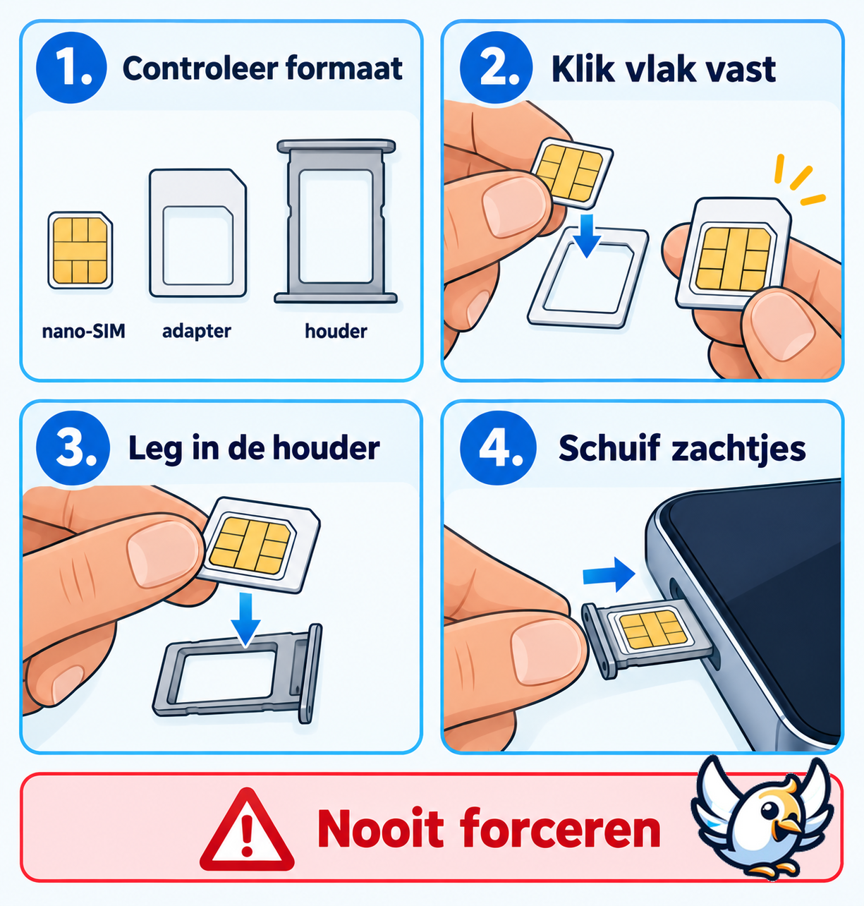 Simkaart adapter veilig plaatsen in een simkaarthouder in vier stappen