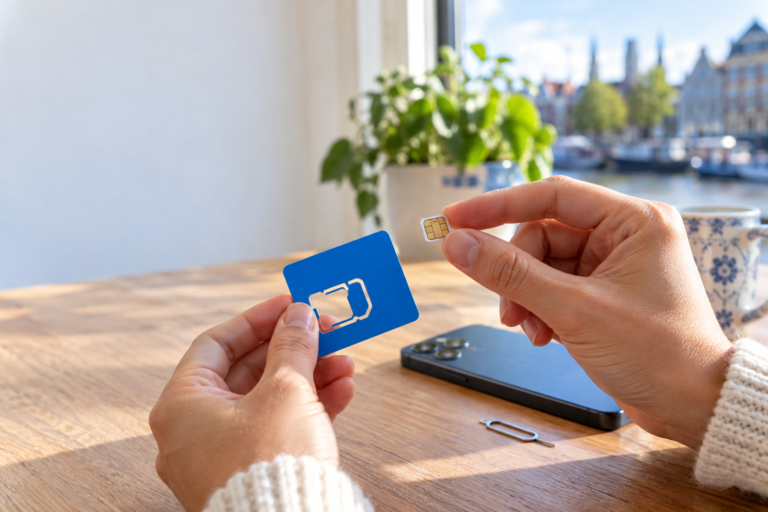 Simkaartnummer vinden op een fysieke simkaart naast een smartphone