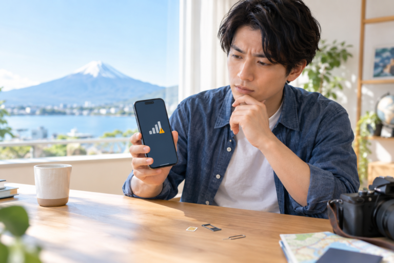 SIMを認識しないスマホを確認するユーザーとSIMカード