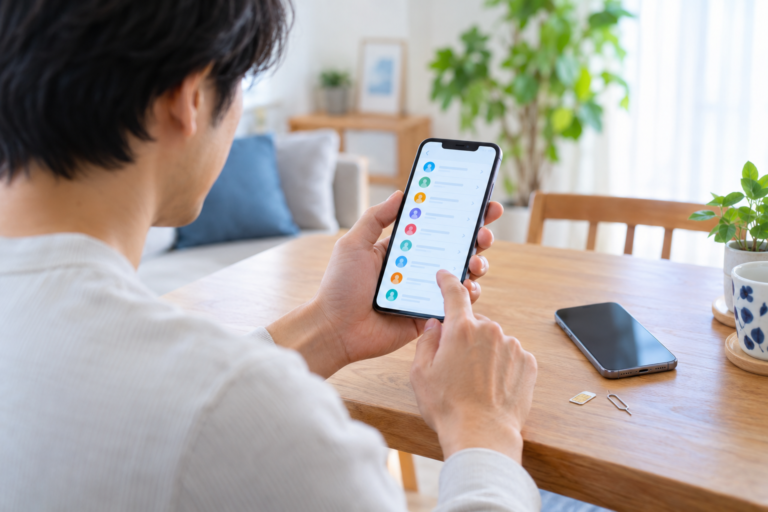 SIMカードに連絡先を保存する方法を確認しながらスマホを機種変更する様子