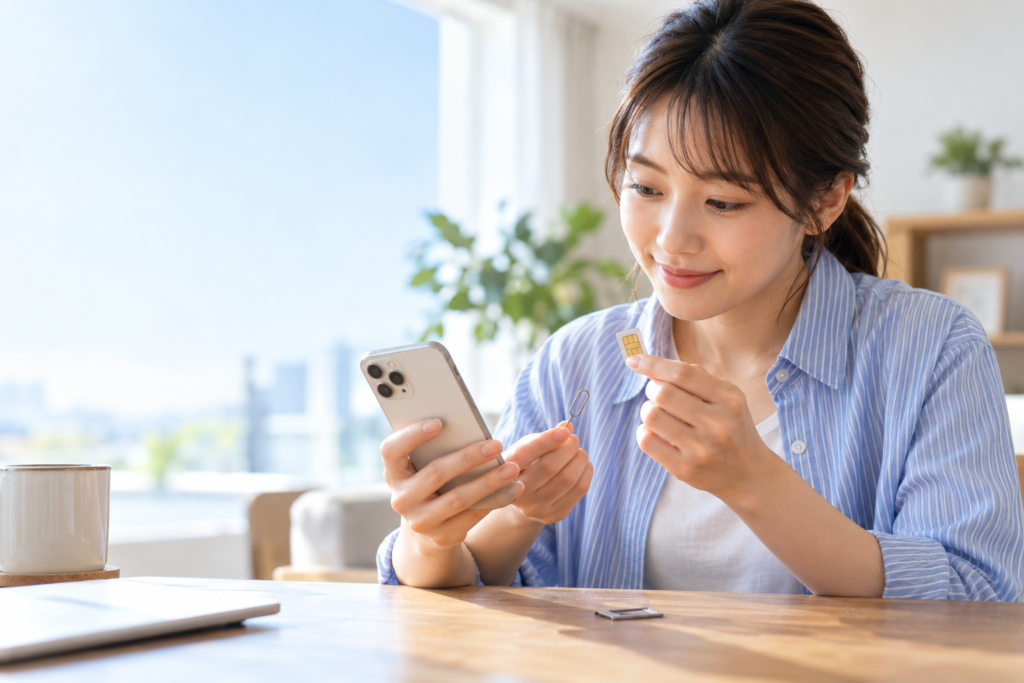 SIMカードを入れ替える前に、スマホとnanoSIM、取り出しピンを準備する様子