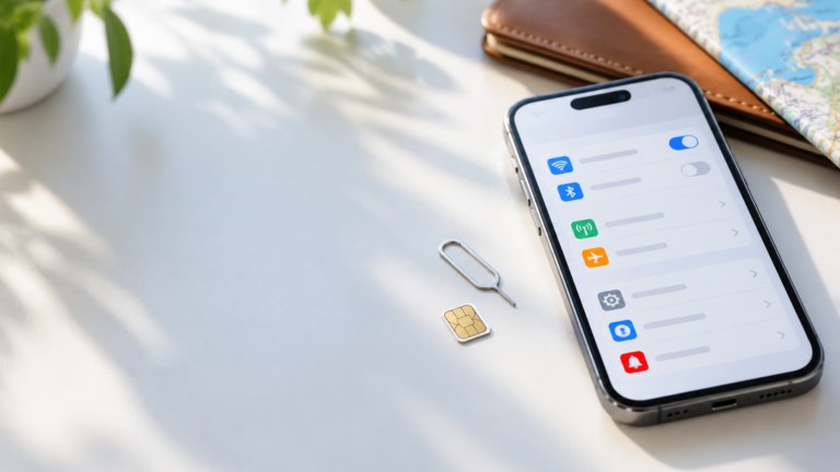 SIMカード番号の確認方法を解説するスマートフォンとnanoSIMカード
