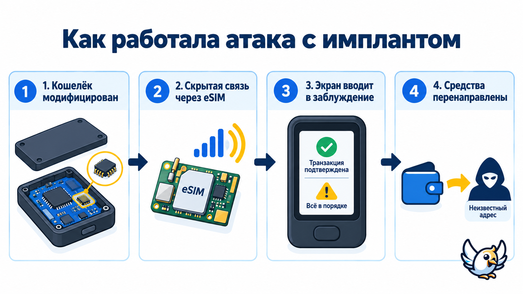 Схема атаки на Ledger Nano X со скрытым eSIM-имплантом